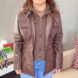 Tagoo Faux Leather Jacket Women Motorcycle Coat for Biker with Removable Hood
